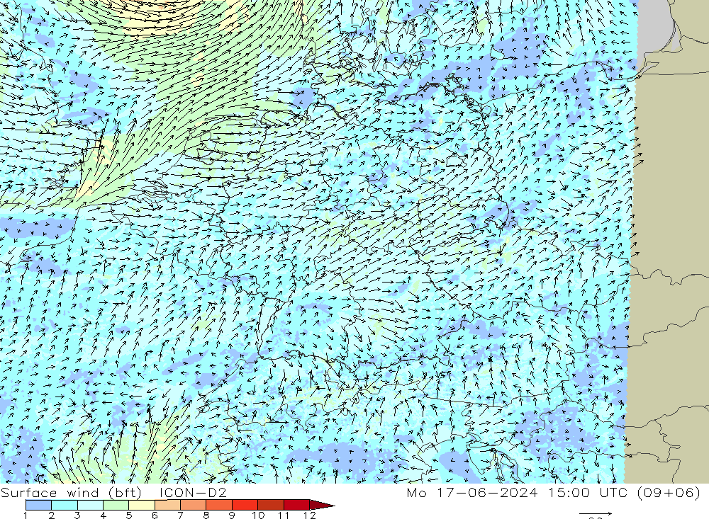 Surface wind (bft) ICON-D2 Mo 17.06.2024 15 UTC