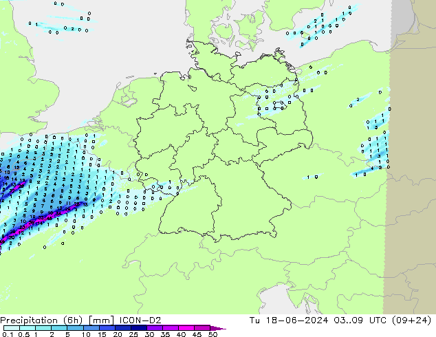 Precipitation (6h) ICON-D2 Út 18.06.2024 09 UTC