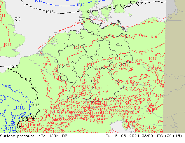 Surface pressure ICON-D2 Tu 18.06.2024 03 UTC