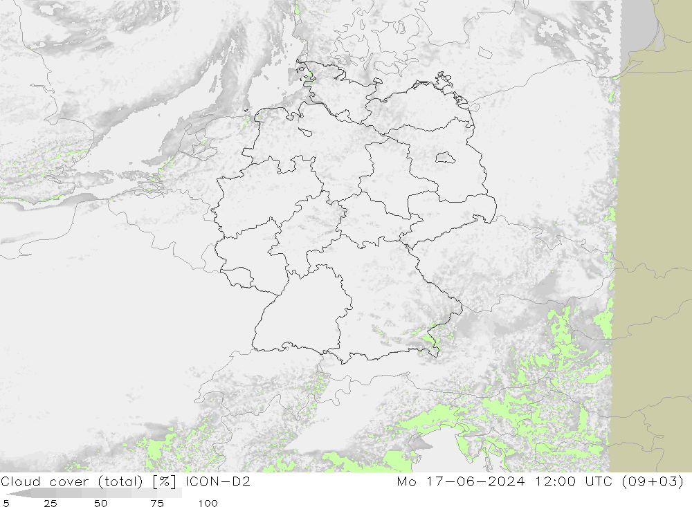 Cloud cover (total) ICON-D2 Mo 17.06.2024 12 UTC