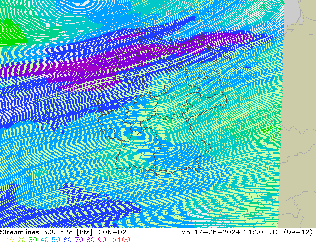 Streamlines 300 hPa ICON-D2 Mo 17.06.2024 21 UTC
