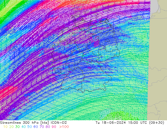 Linea di flusso 300 hPa ICON-D2 mar 18.06.2024 15 UTC