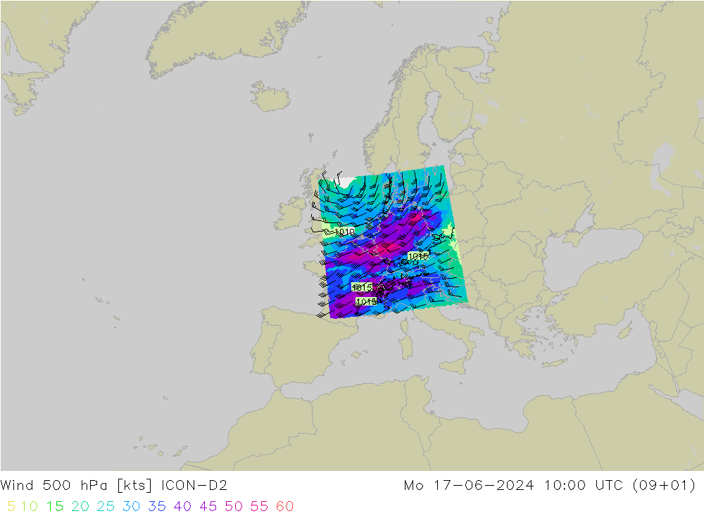 Wind 500 hPa ICON-D2 Mo 17.06.2024 10 UTC