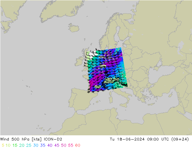 Wind 500 hPa ICON-D2 Tu 18.06.2024 09 UTC