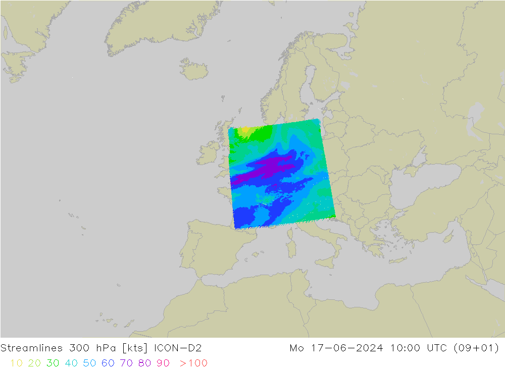 风 300 hPa ICON-D2 星期一 17.06.2024 10 UTC