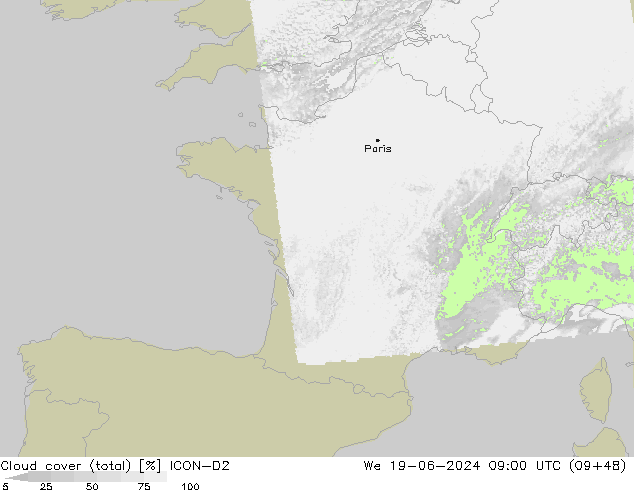Wolken (gesamt) ICON-D2 Mi 19.06.2024 09 UTC