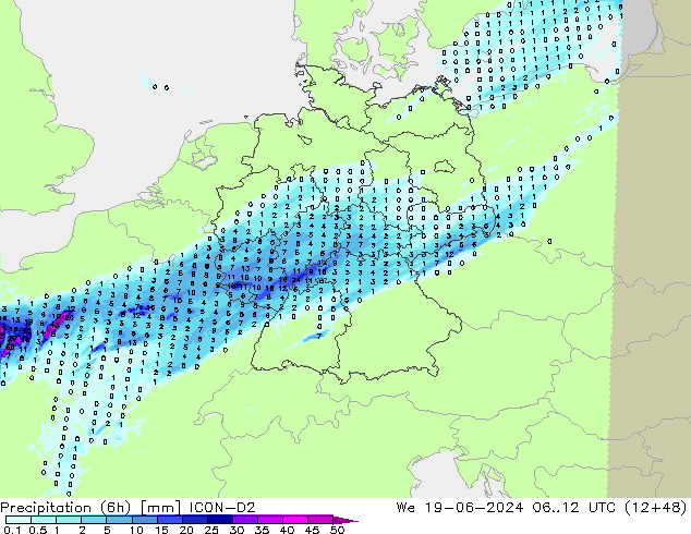 Precipitation (6h) ICON-D2 St 19.06.2024 12 UTC