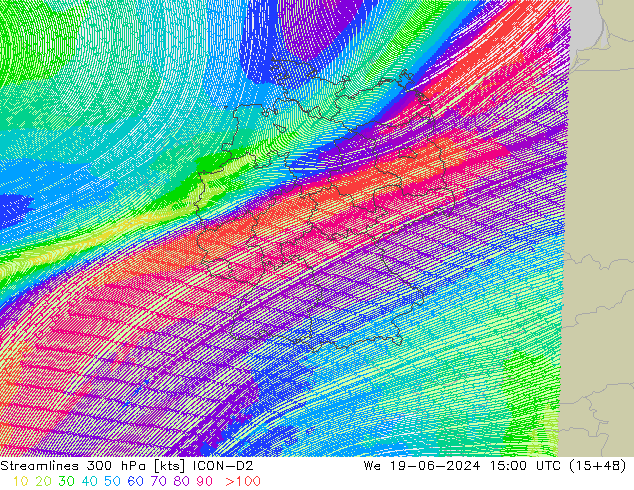Línea de corriente 300 hPa ICON-D2 mié 19.06.2024 15 UTC