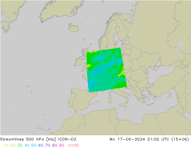 Línea de corriente 500 hPa ICON-D2 lun 17.06.2024 21 UTC