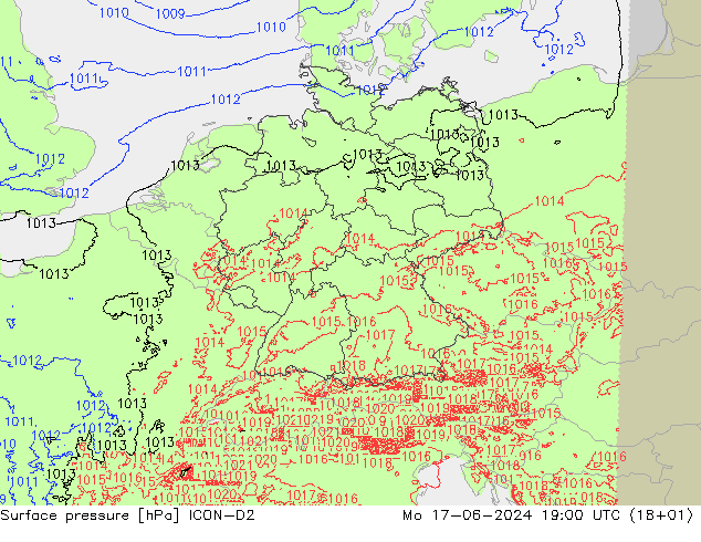 Atmosférický tlak ICON-D2 Po 17.06.2024 19 UTC