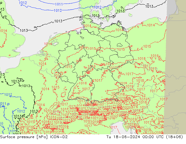 Presión superficial ICON-D2 mar 18.06.2024 00 UTC
