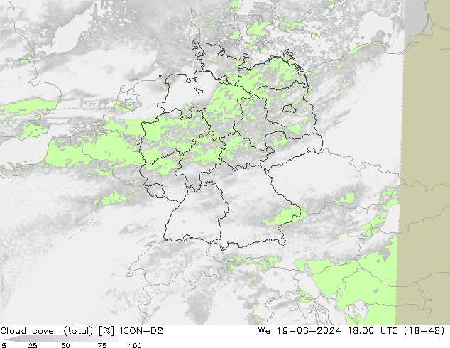 Nubes (total) ICON-D2 mié 19.06.2024 18 UTC
