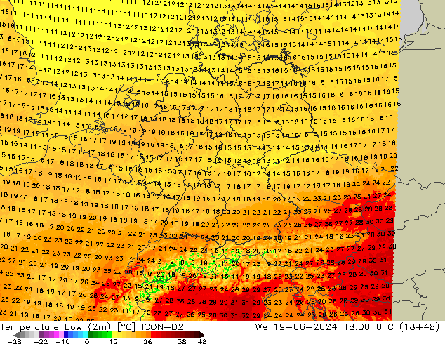 Min.temperatuur (2m) ICON-D2 wo 19.06.2024 18 UTC