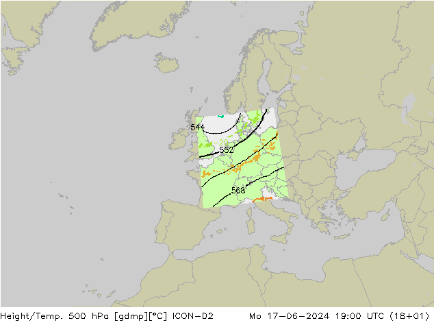 Yükseklik/Sıc. 500 hPa ICON-D2 Pzt 17.06.2024 19 UTC