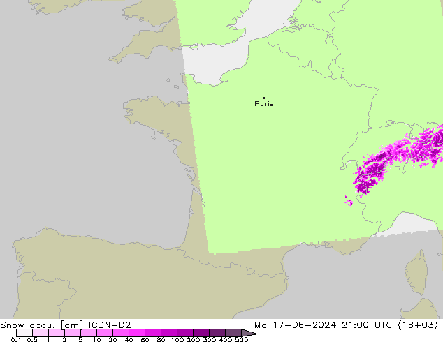 Глубина снега ICON-D2 пн 17.06.2024 21 UTC