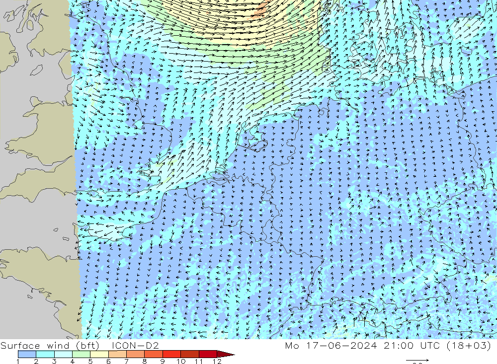 Surface wind (bft) ICON-D2 Po 17.06.2024 21 UTC