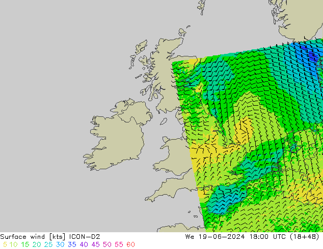 Surface wind ICON-D2 We 19.06.2024 18 UTC