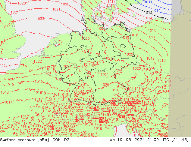 Atmosférický tlak ICON-D2 St 19.06.2024 21 UTC