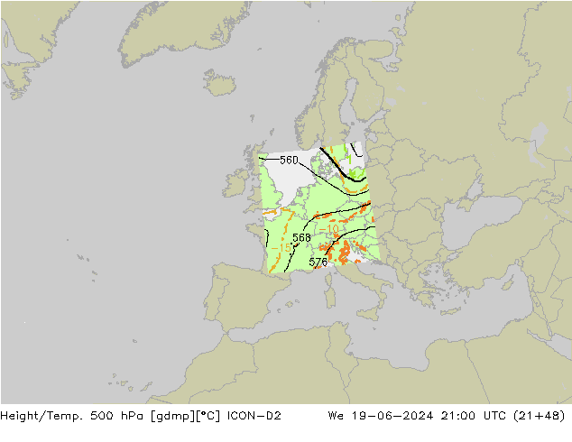 Yükseklik/Sıc. 500 hPa ICON-D2 Çar 19.06.2024 21 UTC
