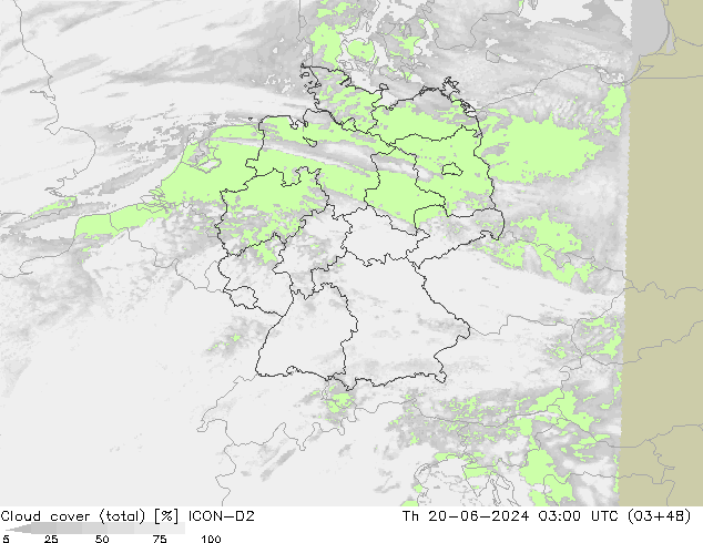 Cloud cover (total) ICON-D2 Th 20.06.2024 03 UTC