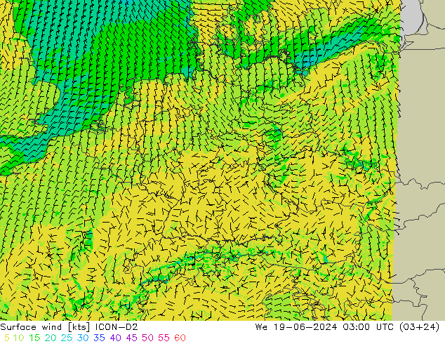 Vento 10 m ICON-D2 mer 19.06.2024 03 UTC