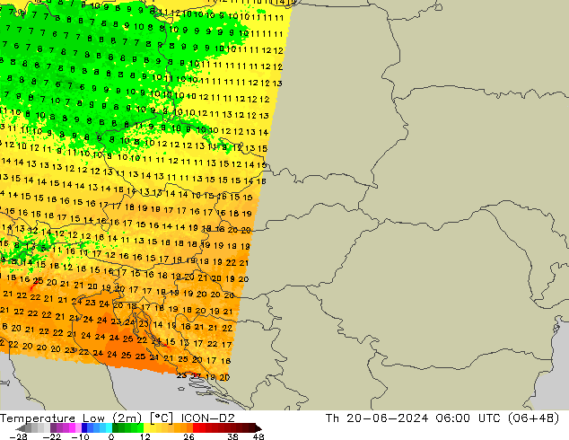 Min. Temperatura (2m) ICON-D2 czw. 20.06.2024 06 UTC