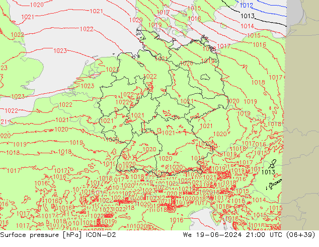 Atmosférický tlak ICON-D2 St 19.06.2024 21 UTC