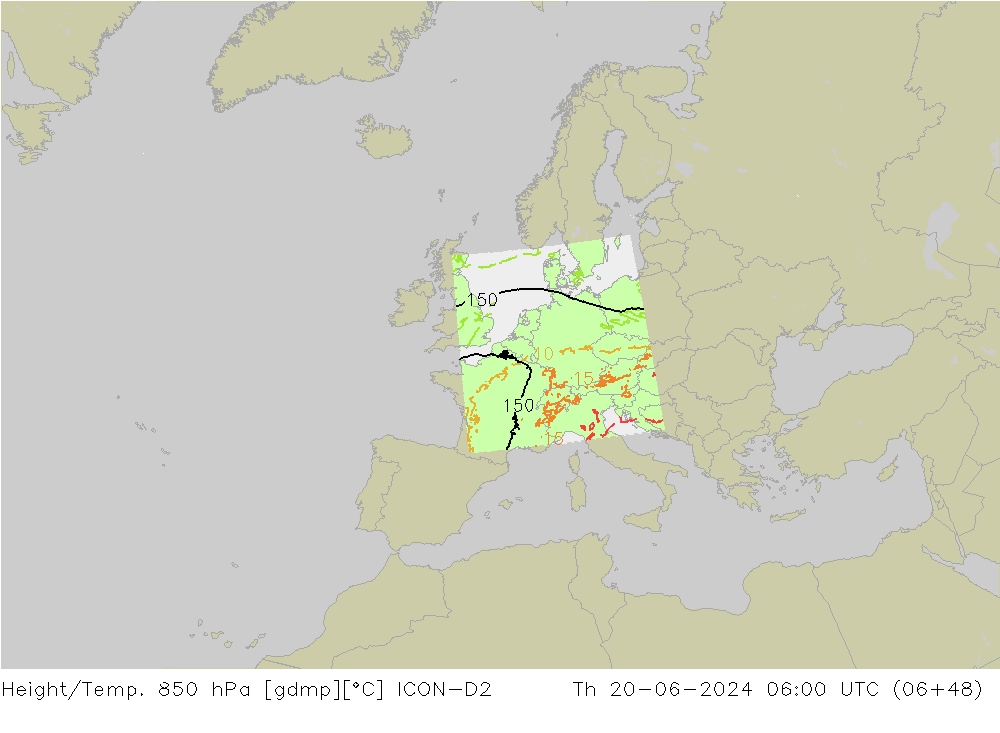 Height/Temp. 850 hPa ICON-D2 Qui 20.06.2024 06 UTC