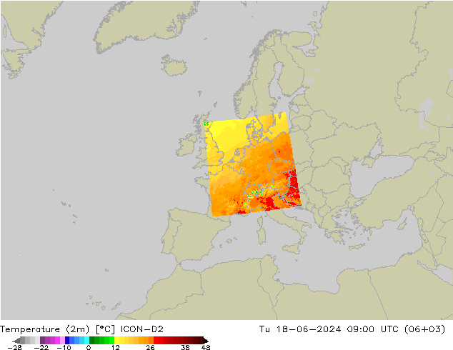 Temperature (2m) ICON-D2 Tu 18.06.2024 09 UTC