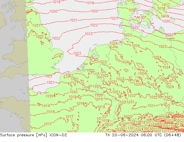 Surface pressure ICON-D2 Th 20.06.2024 06 UTC