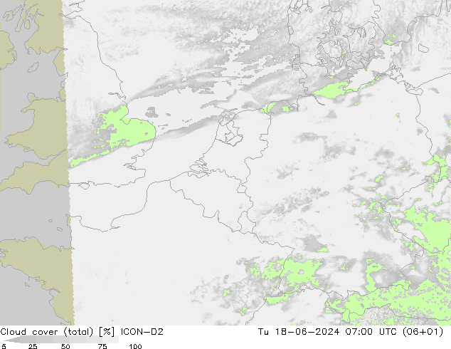 Wolken (gesamt) ICON-D2 Di 18.06.2024 07 UTC