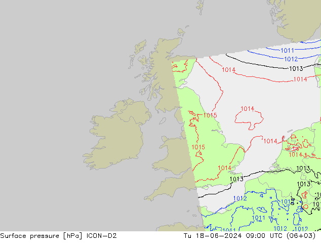 Presión superficial ICON-D2 mar 18.06.2024 09 UTC