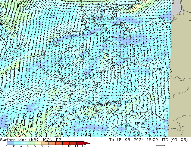 Surface wind (bft) ICON-D2 Tu 18.06.2024 15 UTC