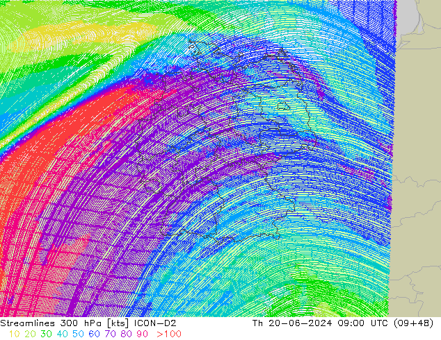 Línea de corriente 300 hPa ICON-D2 jue 20.06.2024 09 UTC