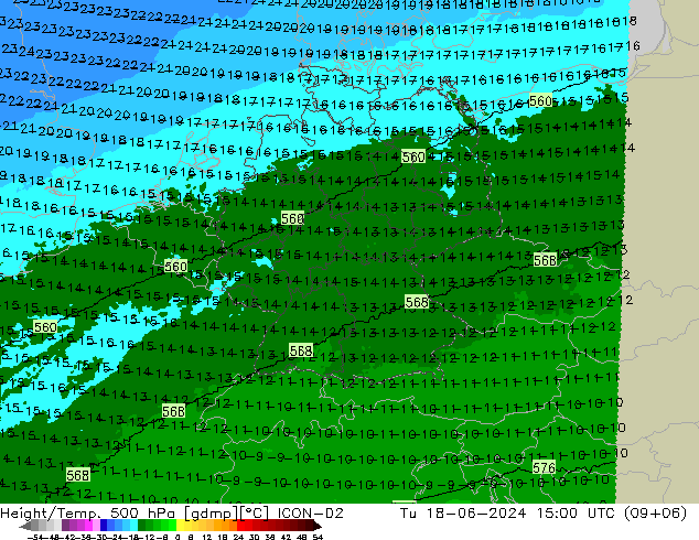 Height/Temp. 500 hPa ICON-D2 Di 18.06.2024 15 UTC