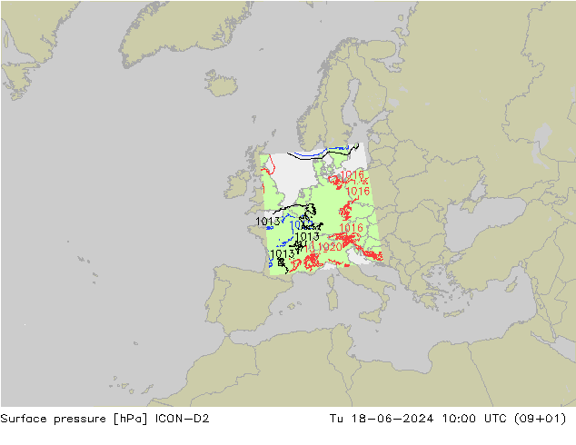 地面气压 ICON-D2 星期二 18.06.2024 10 UTC