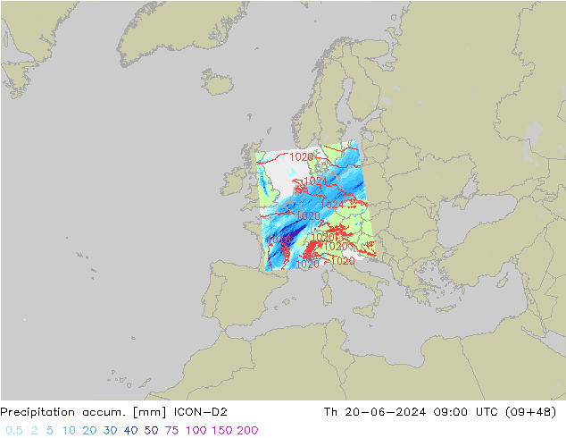 Precipitation accum. ICON-D2 Th 20.06.2024 09 UTC