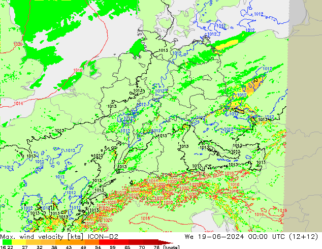 Max. wind velocity ICON-D2 mer 19.06.2024 00 UTC