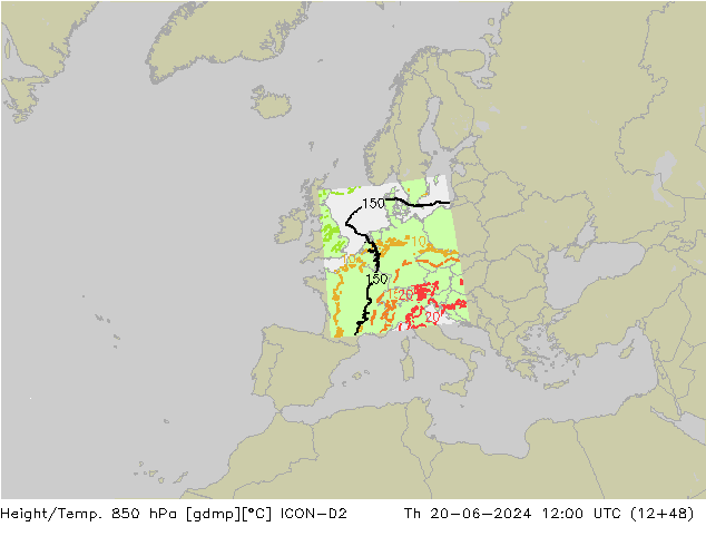 Geop./Temp. 850 hPa ICON-D2 jue 20.06.2024 12 UTC