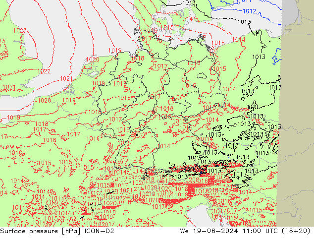 Surface pressure ICON-D2 We 19.06.2024 11 UTC