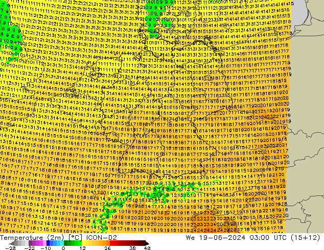 Temperatura (2m) ICON-D2 mié 19.06.2024 03 UTC