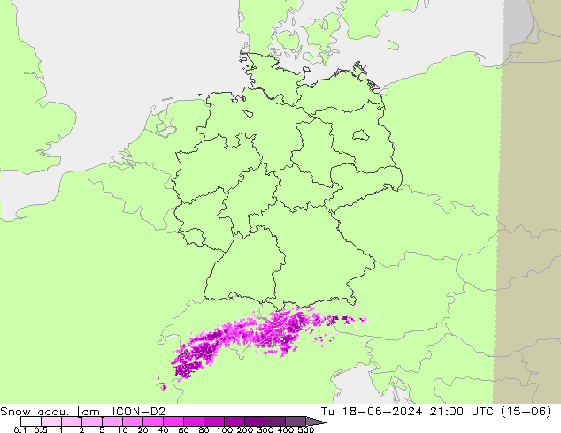 Snow accu. ICON-D2 Út 18.06.2024 21 UTC