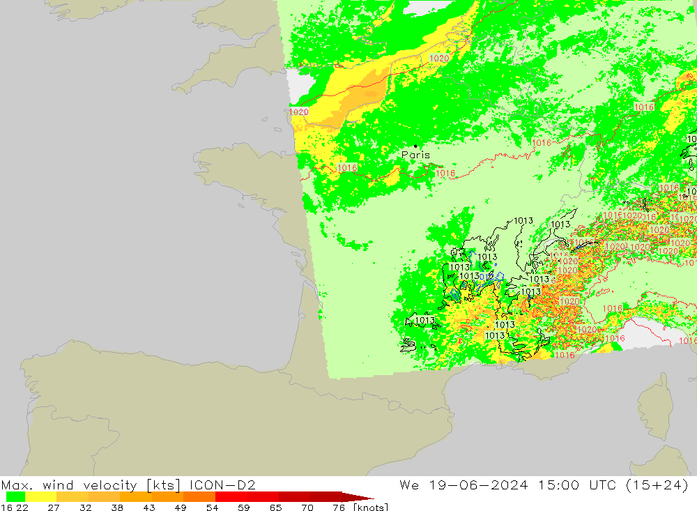 Max. wind velocity ICON-D2 We 19.06.2024 15 UTC