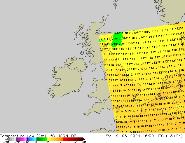 Nejnižší teplota (2m) ICON-D2 St 19.06.2024 15 UTC