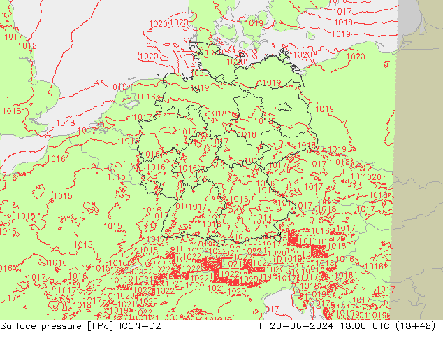 Atmosférický tlak ICON-D2 Čt 20.06.2024 18 UTC