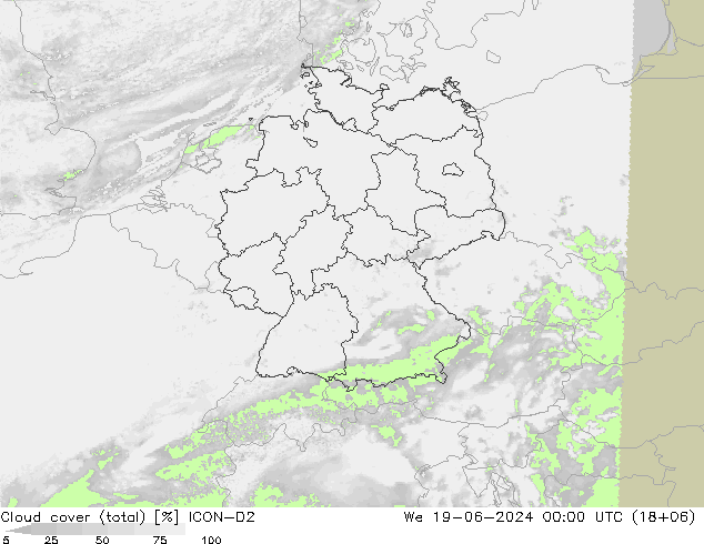 Nuages (total) ICON-D2 mer 19.06.2024 00 UTC