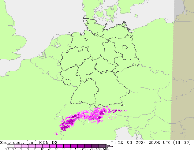 Snow accu. ICON-D2 Qui 20.06.2024 09 UTC