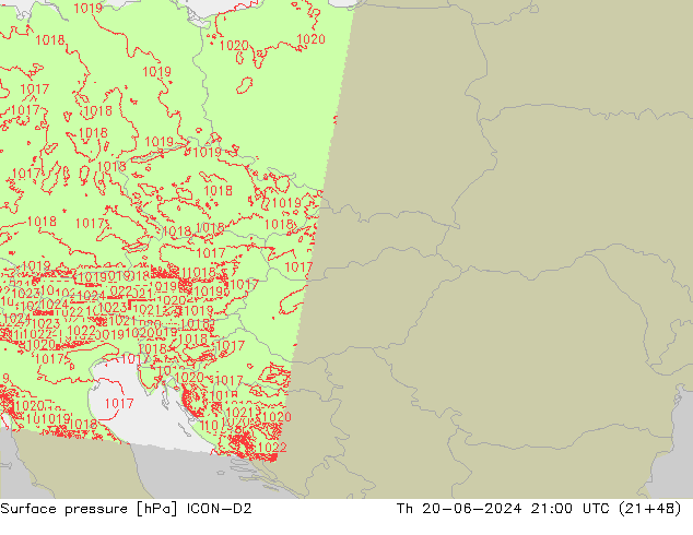 Pressione al suolo ICON-D2 gio 20.06.2024 21 UTC