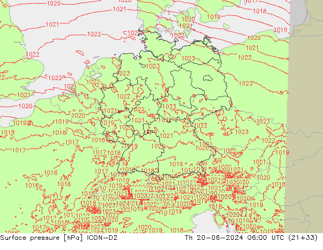 приземное давление ICON-D2 чт 20.06.2024 06 UTC