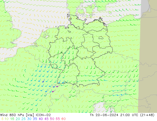 Wind 850 hPa ICON-D2 Th 20.06.2024 21 UTC